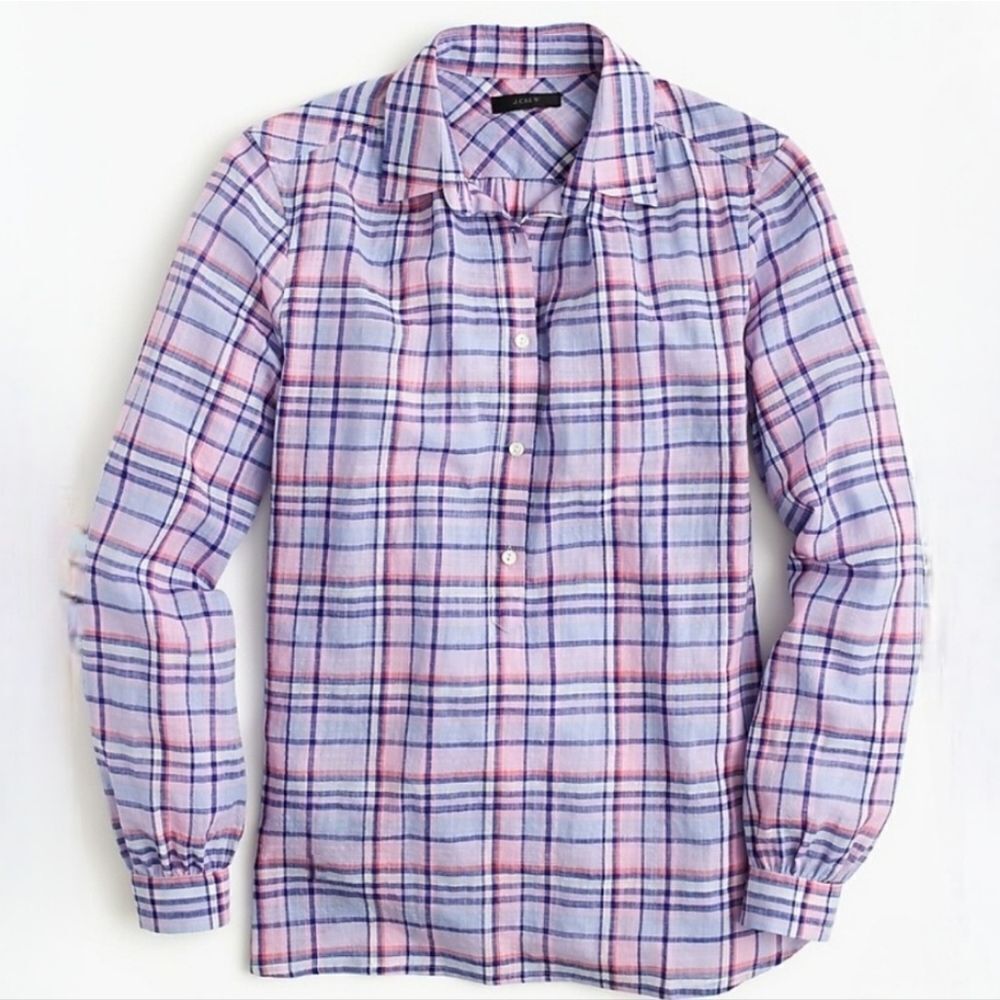 J. Crew Women's Gathered Henley Lilac Plaid Shirt - Picture 2 of 15